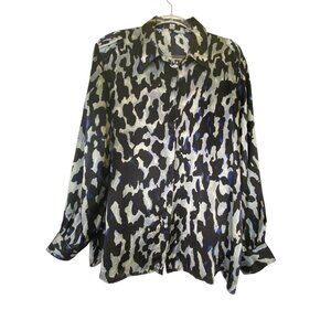 Saks Fifth Ave100% Silk Blue Gray Leopard Print Button Down Blouse Plus Size18W